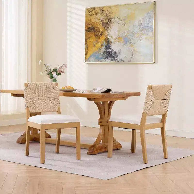 Mid-Century Modern Dining Chairs Set of 2, Solid Wood Dining Room Chairs with Woven Backrest, Linen Upholstered Seat for Kitchen-Panipeachy