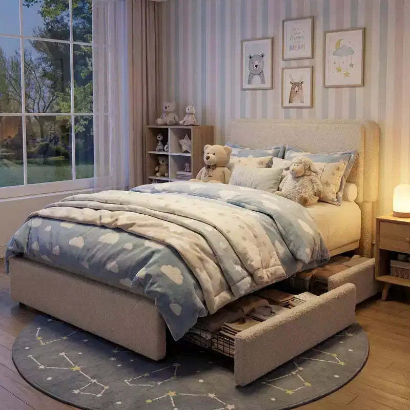 Soft Teddy Fleece Bed Frame with 2 Storage Drawers, Adjustable Headboard,No Box Spring Needed, Easy Assembly, Cloud Cream Color