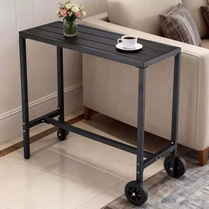 Mobile Outdoor Bar Table with Wheels, Waterproof Metal Slatted Top, Counter Height Table for Patio, Poolside, Yard & Kitchen