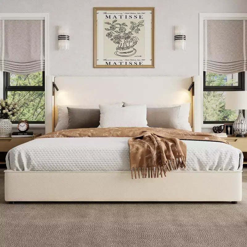 Christopher Knight Home Kanya Modern Wooden Linen Upholstered Bed Frame with High Wingback Headboard, Lamp and USB Port