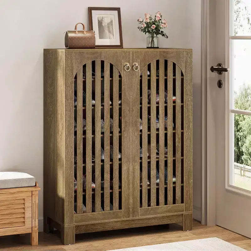 Lantine Shoe Cabinet with Slatted Doors, 6-Tier Entryway Shoe Storage Rack Organizer with Adjustable Shelves for Living Room, Bedroom, Oak