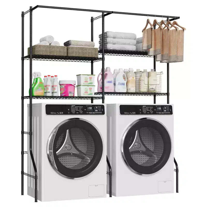Laundry Shelf Over Washer Dryer, 6-Tier 57.8W x 22D x 77.4H Carbon Steel Storage Shelves with Hanging Rods