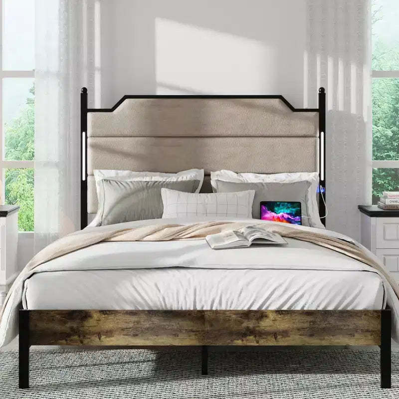 Queen/King Size Platform Bed with Upholstered Headboard, Wood Platform Bed Frame with Charging Station and LED Lights, Industrial Brown