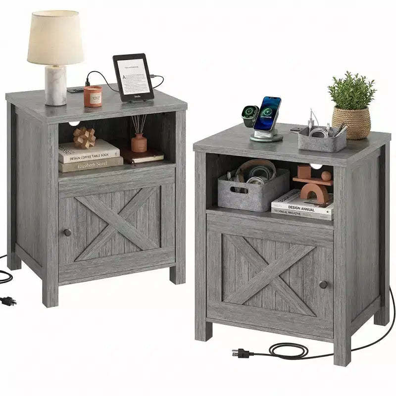 2 PCS Nightstand with Charging Station, Farmhouse Bedside Table with Open Shelf, Enclosed Cabinet, USB Port and AC Outlet, Bedside table with storage