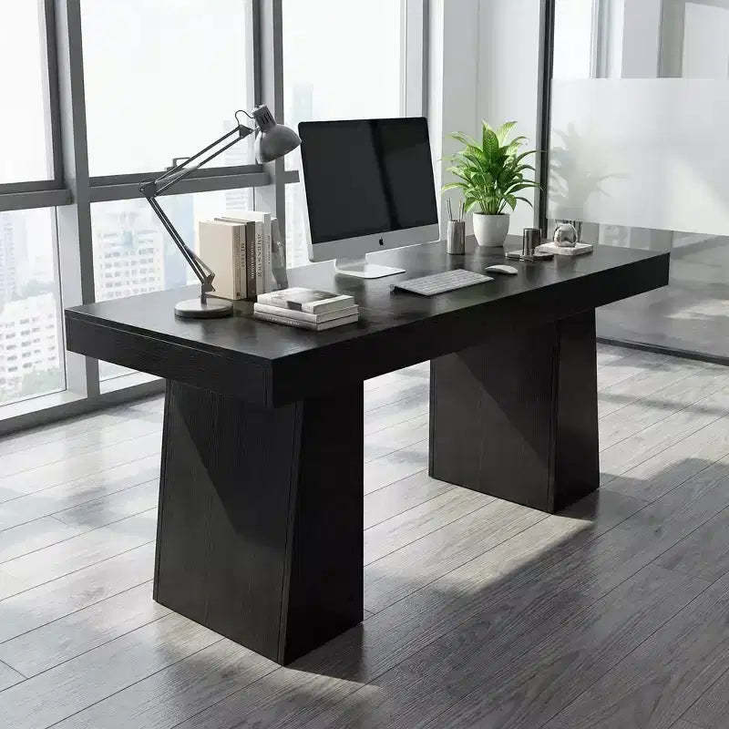 55 Mid-Century Modern Executive Desk, Wood Computer Desk with Double Trapezoid Base, Home Office Workstation Writing Table