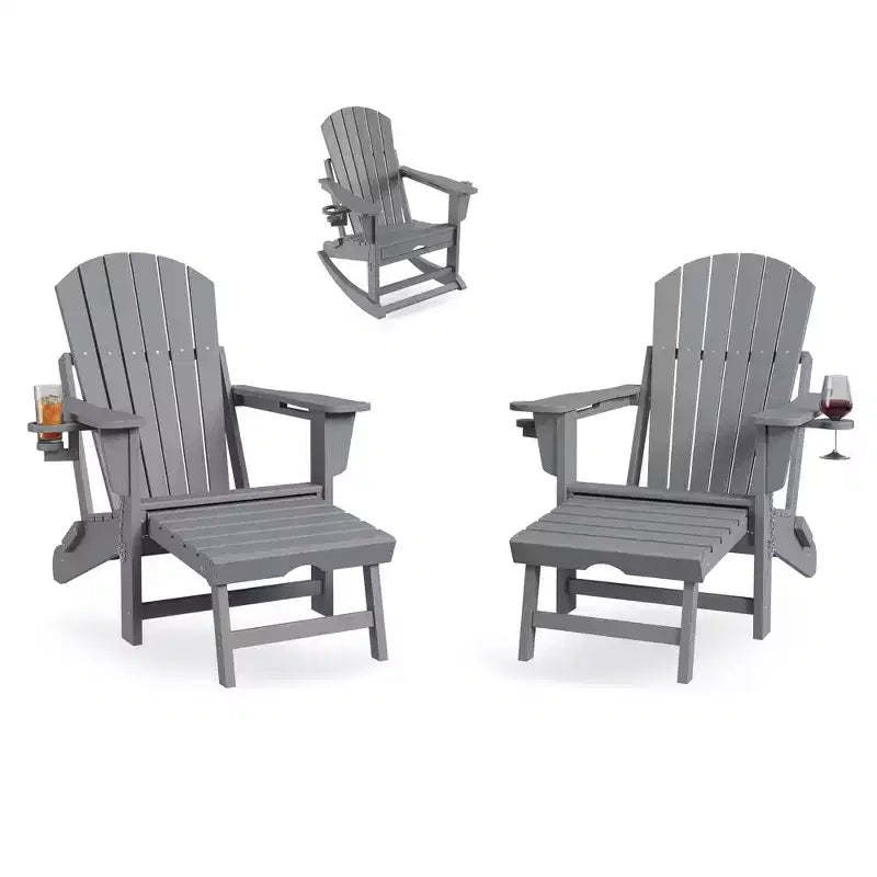 Folding Adirondack Rocking Chair Set  Outdoor Patio Rockers with Retractable Ottoman, Footrest & Cup Holder, Garden Chair for Lawn, Porch  2 Pack