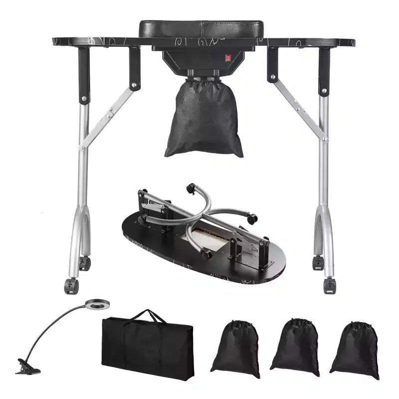 Portable Foldable Manicure Table with Electric Dust Collector LED Lamp and 4 Wheels Black