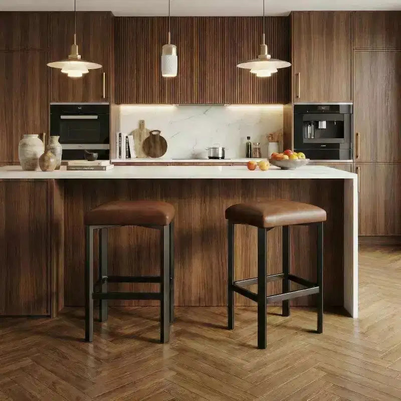 2 Counter Height Bar Stools, PU Leather with 2 Padding, Sturdy Metal Base, Easy Assembly, for Kitchen Island & Bar, Brown