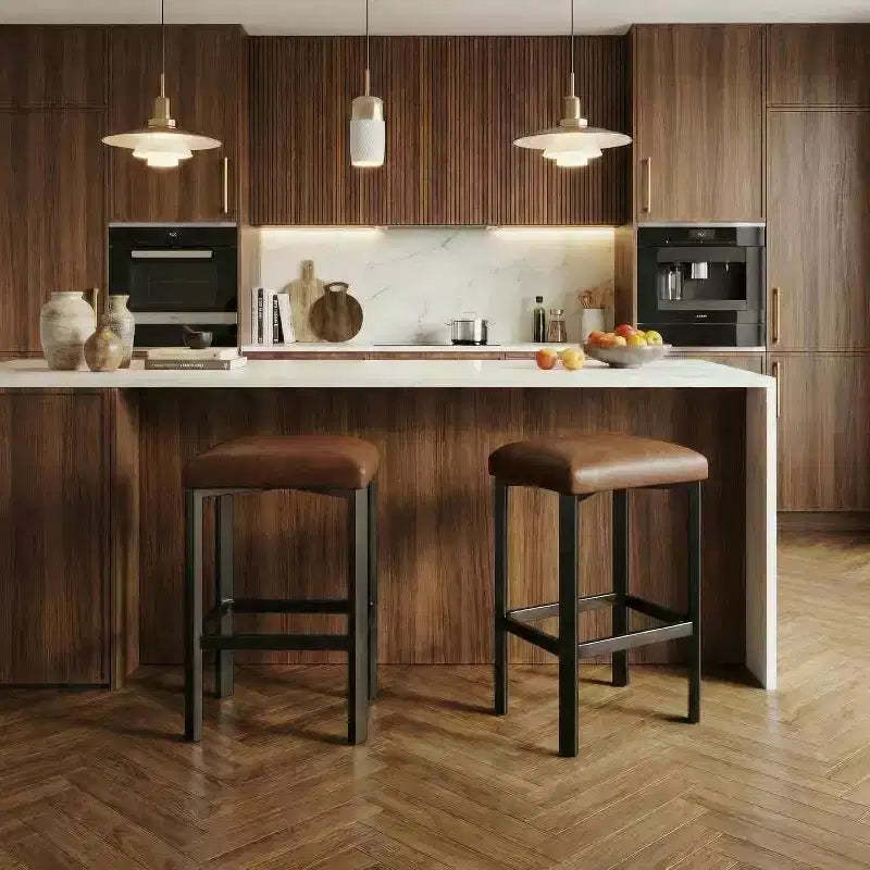 2 Counter Height Bar Stools, PU Leather with 2 Padding, Sturdy Metal Base, Easy Assembly, for Kitchen Island & Bar, Brown