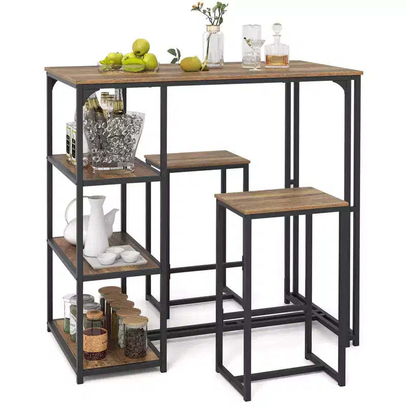 Costway 3-Piece Bar Table Set 2 Person Dining Furniture Set w/2 Stools 3 Storage Shelves
