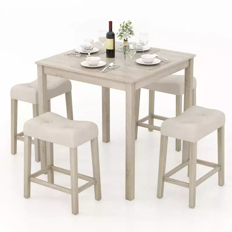 Costway 5 PCS Square Bar Table Set for 4 w/ Padded Stools Rubber Wood Legs for Kitchen