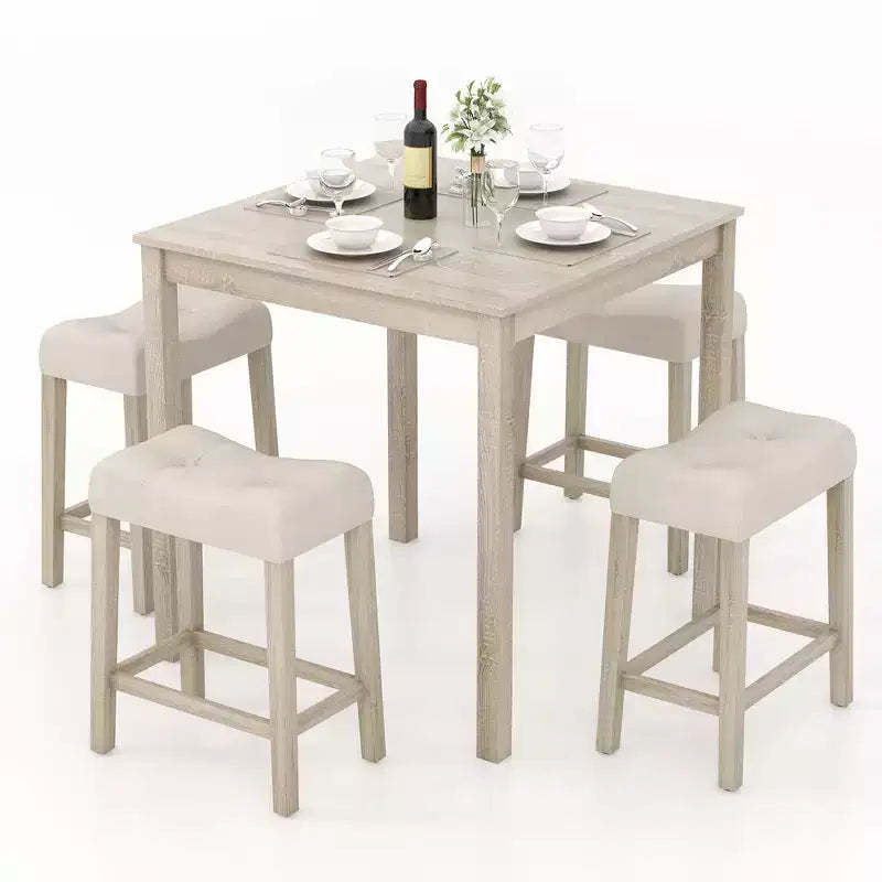 Costway 5 PCS Square Bar Table Set for 4 w/ Padded Stools Rubber Wood Legs for Kitchen