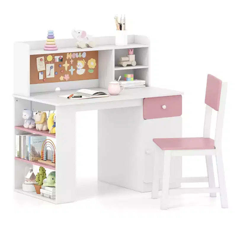 Costway Kids Desk & Chair Set w/Chair Hutch 3-Layer Side Shelf Storage Cabinet