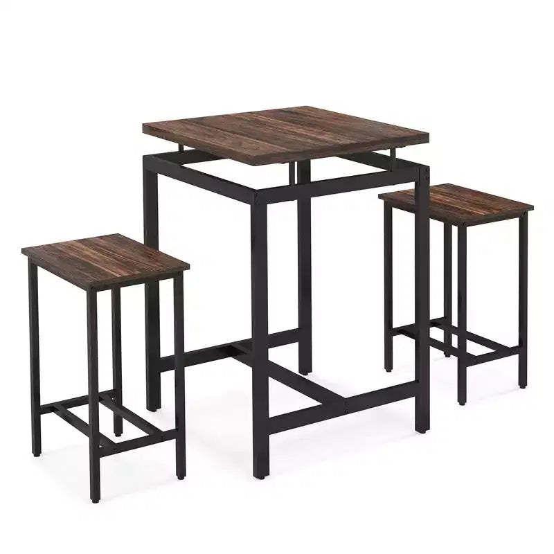 Costway 3 Pieces Bar Table Set Square Counter Height Table with Stools Floating Tabletop & Footrest Industrial Pub Table Set for Small Space