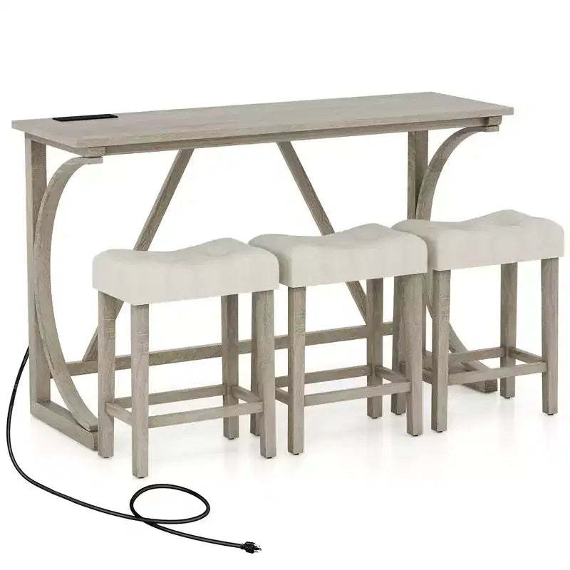 Costway 4-Piece Bar Table Set w/ Power Outlet Counter Height Bistro Table and Stools
