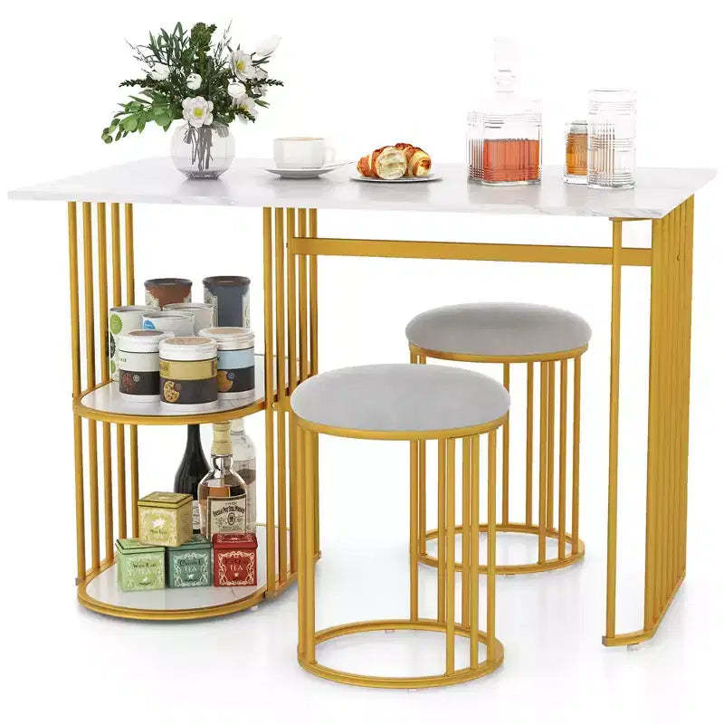 Costway 3 Piece Dining Table Set w/ 2 Stools 2-tier Storage Shelf Upholstered Seat