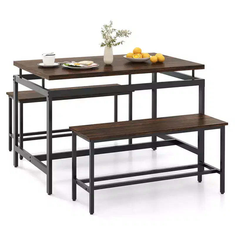Costway 3 PCS Dining Table Set for 4 w/ 43 Wooden Kitchen Table 2 Benches Metal Frame