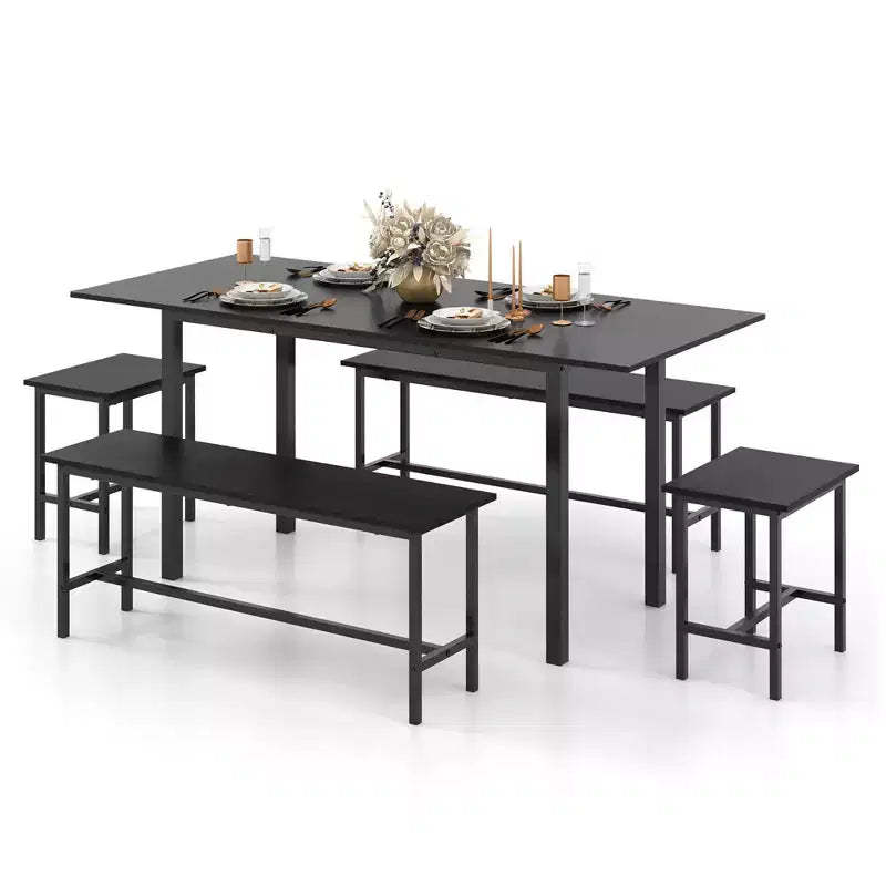 Costway 5 PCS Dining Table Set for 4-6 w/ 2 Benches & 2 Stools Metal Frame Dining Room Black