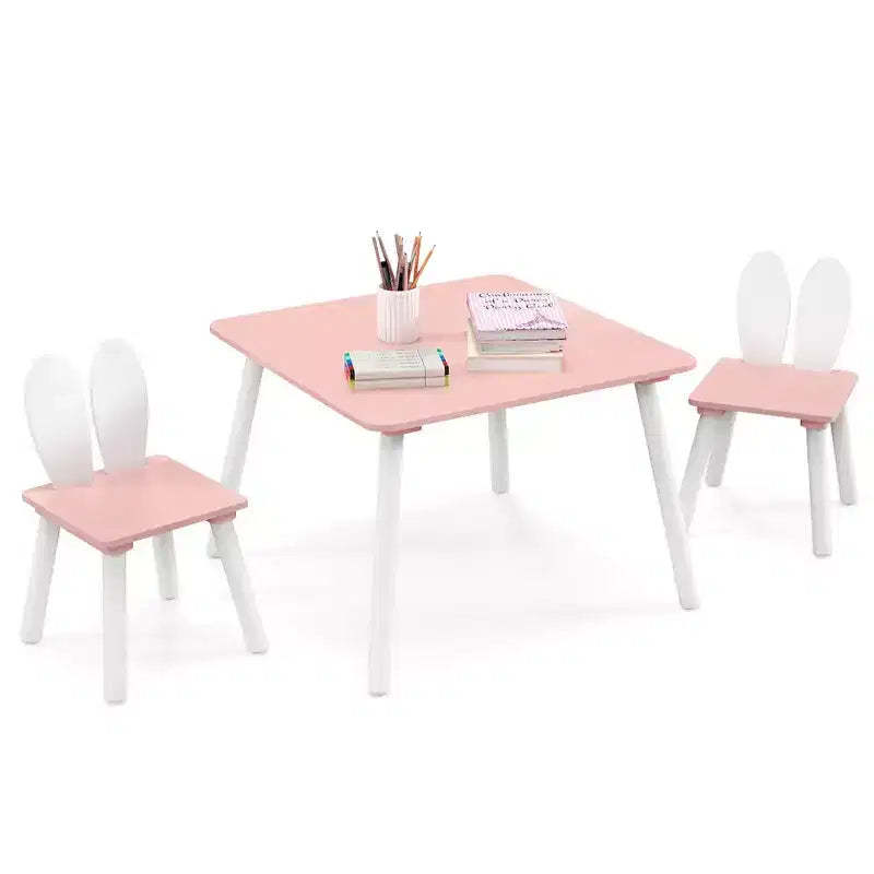 Costway 3 Pieces Kids Table & Chairs Set Children Wooden Furniture Set w/ Solid Wood Legs Pink