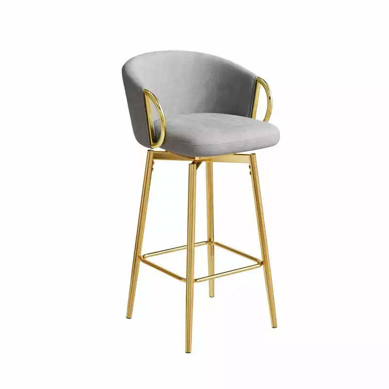 HomeRoots Set of Two 30 Gray and Gold Velvet and Metal Bar Height Swivel Bar Chairs