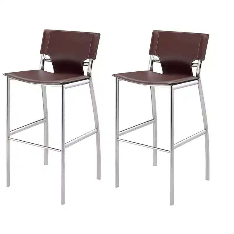 HomeRoots Set of Two 25 Brown and Silver Faux Leather and Metal Low Back Counter Height Bar Chairs