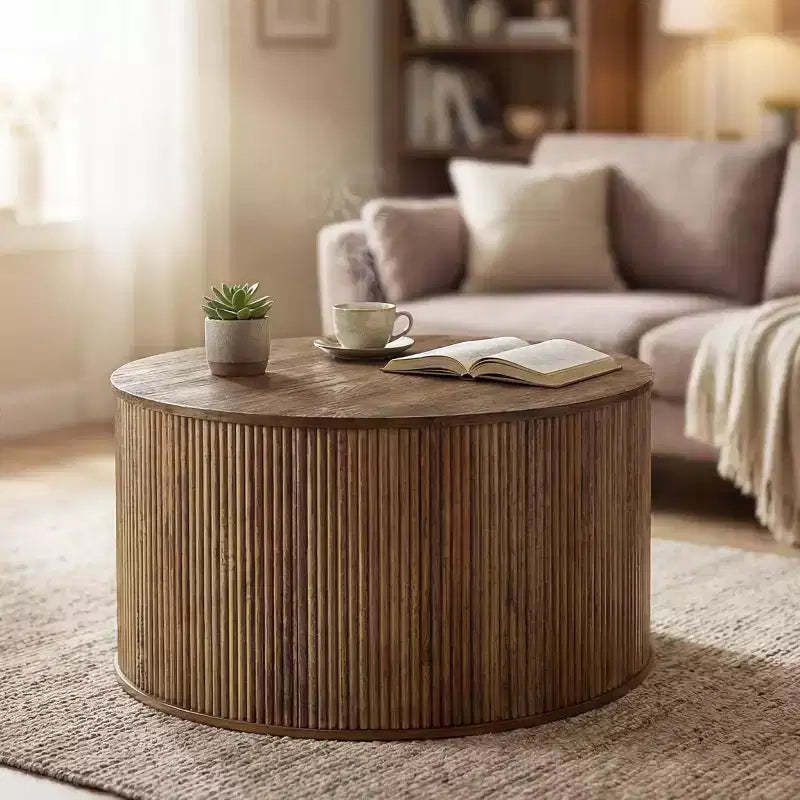 Lantine 31.5 Round Coffee Table, Fluted Drum Base with Wooden Grain Veneer Top, Modern Center Table for Living Room, Office, Small Space