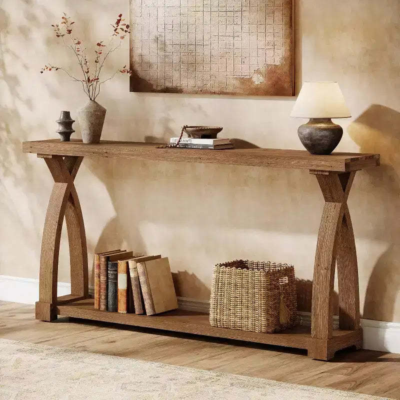 Lantine 63-Inch Solid Wood Console Table, Narrow Long Sofa Table with 2-Tier Shelf for Entryway, Living Room, Hallway, Coffee Brown