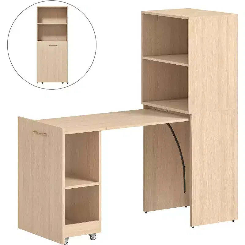 MooxvMoo Stretchable Desk with Storage Shelves and Mobile Wheels, Foldable Computer Table for Small Apartments and Home Offices, Burlywood