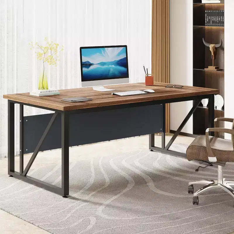 Lantine 63-Inch Computer Desk, Modern Home Office Writing Table for Workstation, Dark Walnut Finish, Steel Legs