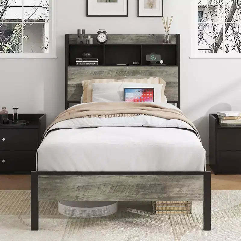 Twin/Full Size Single Bed Frame with Headboard Storage and Central Charging Station,Grey