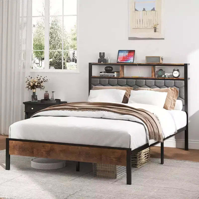 Full/Queen/King Size Platform Bed with Upholstered Headboard, Wooden Platform Bed Frame with Storage and 2 USB, Large Under Bed Storage, Brown