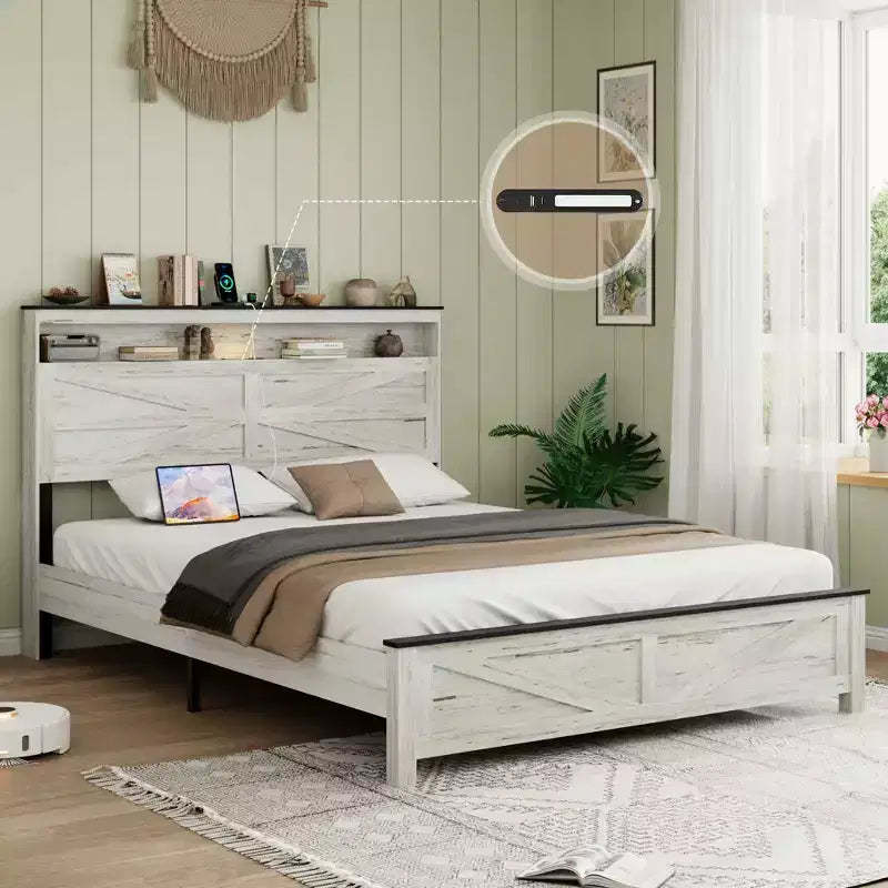 Full/Queen/King Size Platform Bed with LED and Charging Station, Wood Platform Bed Frame with Hidden Storage and Headboard, Antique White+Gray