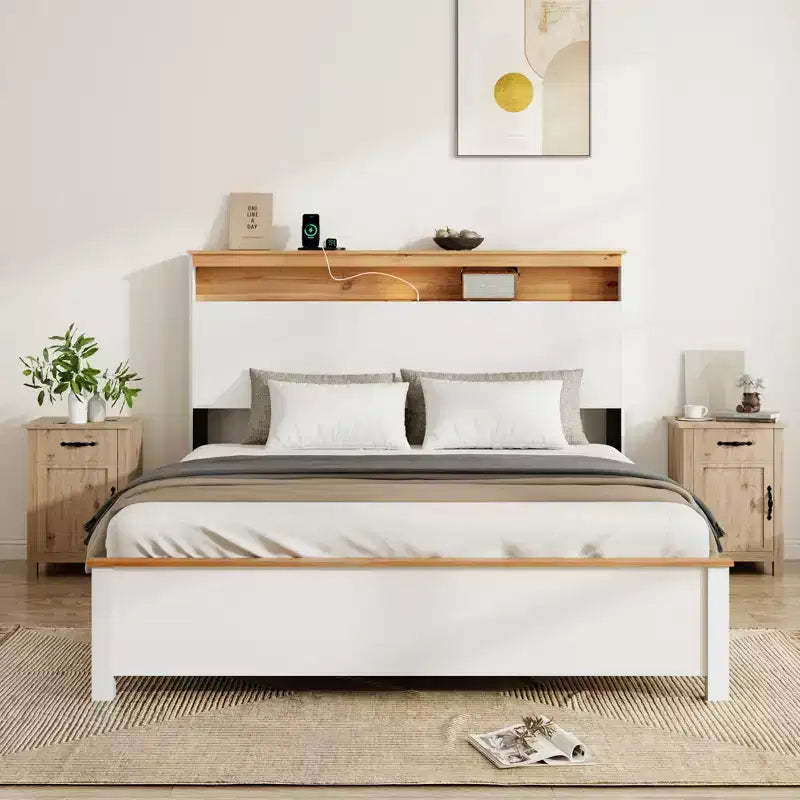 Full/Queen/King Size Platform Bed with Storage Headboard, Rustic Wood Platform Bed Frame with Charging Station, Antique White