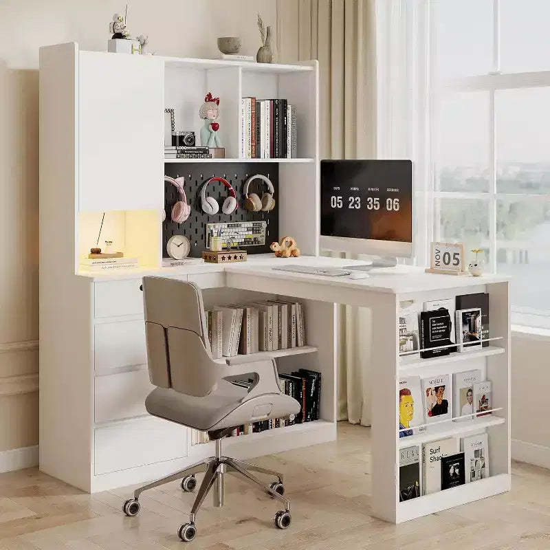 MooxvMoo L Shaped Wooden Right Desk w/ Charging Station, LED Light, Drawers and Bookshelf, Modern Corner Computer Table for Home Office Gaming, White
