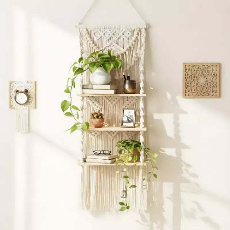 Bekrvio 3-Tier Macrame Wall Hanging Shelf - Boho Style Floating Shelf with Wooden Beads - Wall Organizer for Living Room & Bedroom Decor