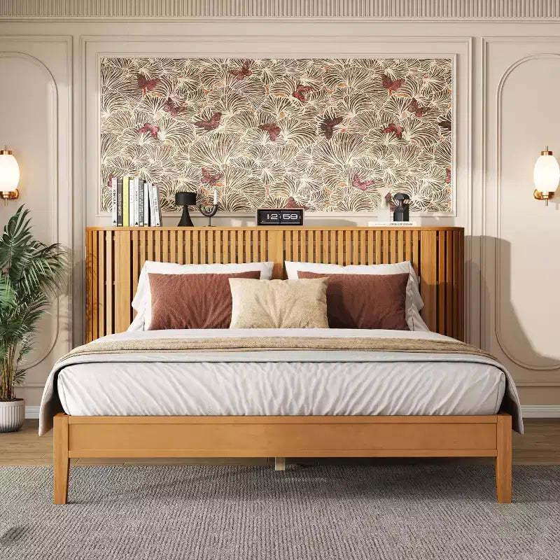 Christopher Knight Home Lennon Mid-Century Modern Bed with Slatted Headboard and Built-in Side Storages
