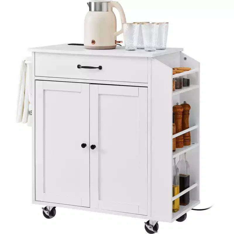 Kitchen Island Cart, 32 Mobile Carts with Storage Cabinet, Rolling Table with Power Outlet, Spice Rack