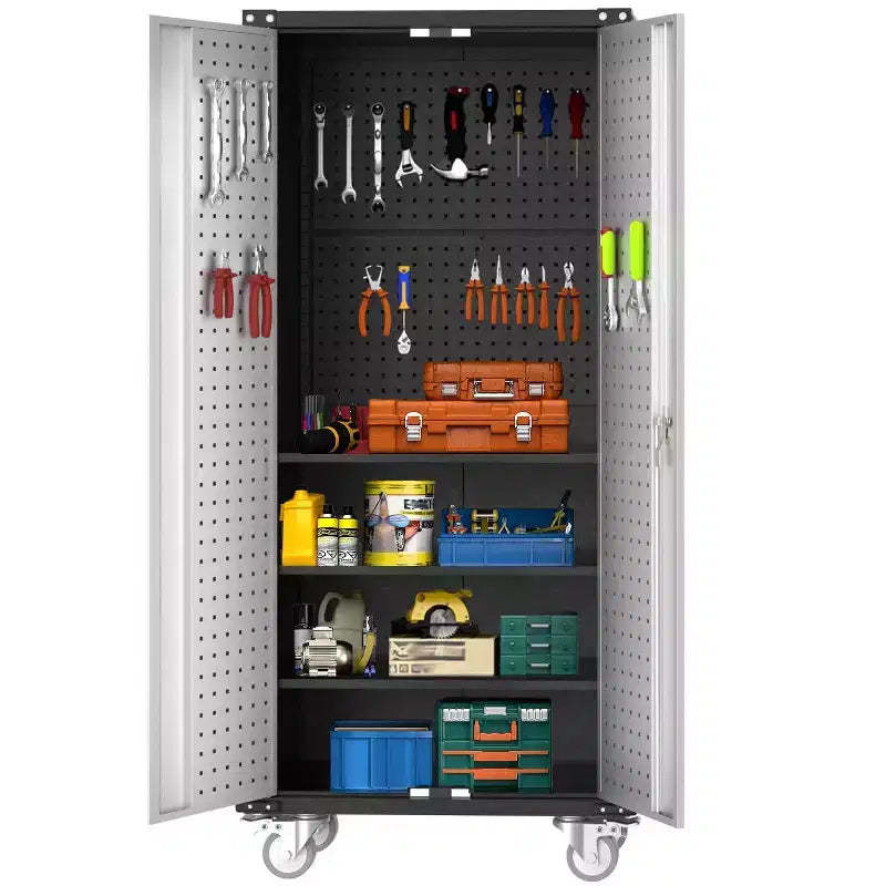 72 Heavy Duty Steel Rolling Tool Cabinet with Lock & Pegboard, 4 Adjustable Shelves, Mobile Industrial Storage Organizer for Garage, Workshop & Home