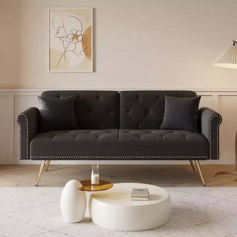 MAYEERTY Black Velvet Fabric Sofa Featuring Nail Head Trim and Accompanied By A Matching Throw Pillow
