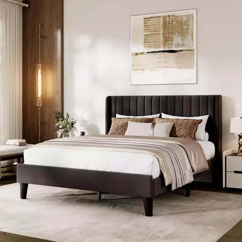 Velvet Upholstered Platform Bed Frame with Vertical Channel Tufted Wingback Headboard, Strong Wooden Slats Support, No Box Spring Needed