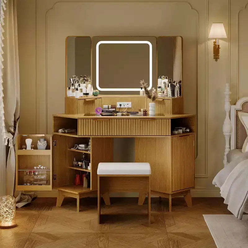 Acekool Corner Fluted Makeup Vanity Desk with Glass Top, Mirror & Stool for Bedroom