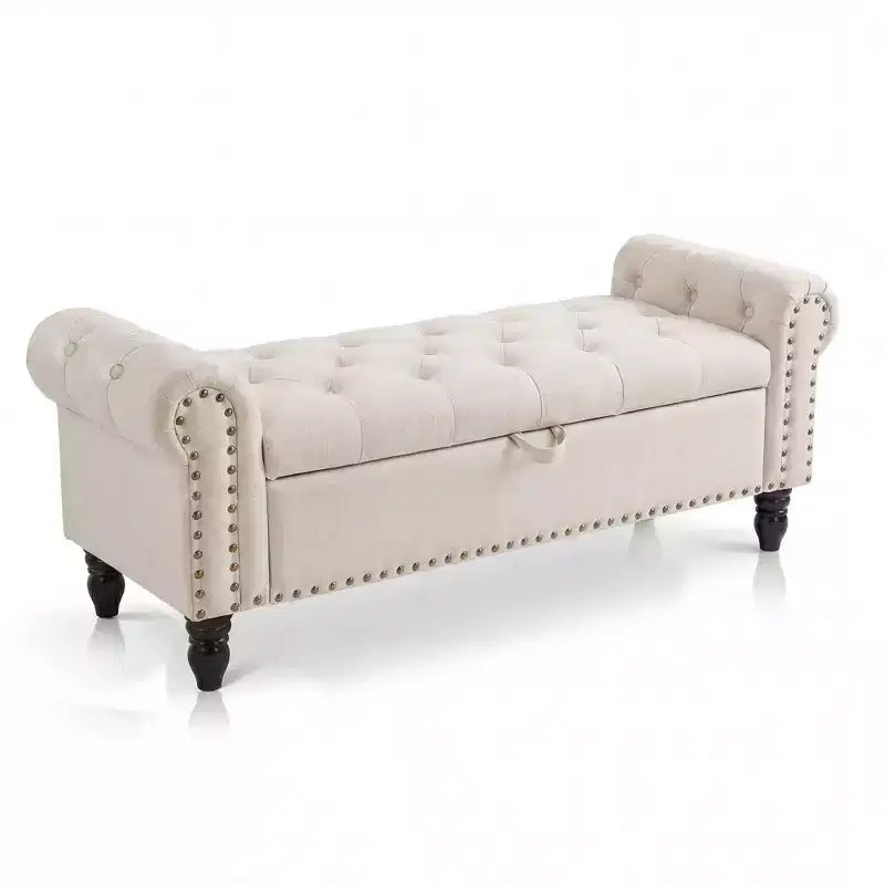 51 Storage Ottoman Bench, Button-Tufted End of Bed Bench with Rolled Arms, Linen Window Bench, Entryway Bench with Safety Hinge for Bedroom, Beige