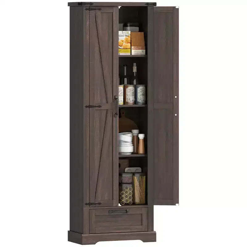 HOMCOM 71 Kitchen Freestanding Pantry Cabinet with Barn Doors, Drawer and Adjustable Shelves for Dining Room, Brown