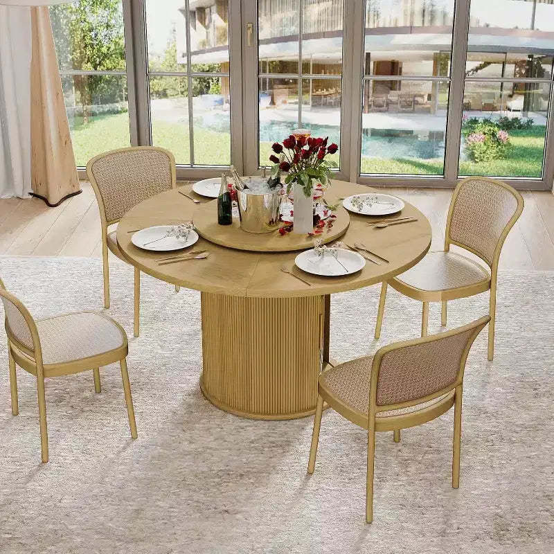 MooxvMoo 55 Rotating Round Dining Table w/ Double-Layer Storage Shelf and Doors, Wooden Table w/ Rotating Top for Living Room, Restaurant, Natural