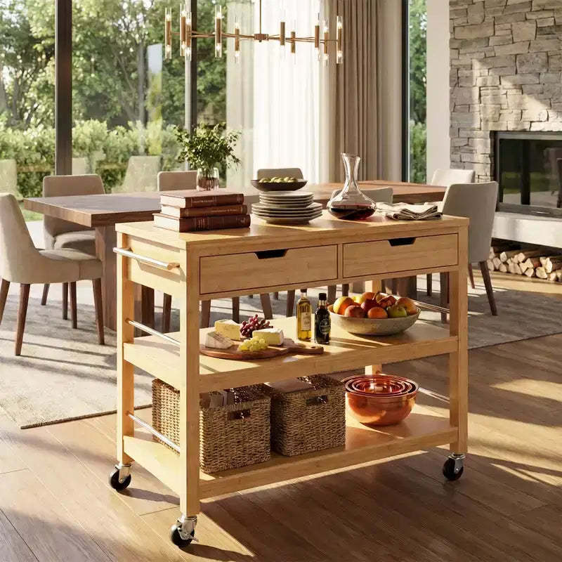 Christopher Knight Home Ottilia Bamboo Rolling Kitchen Cart with 2 Drawers and Open Shelves