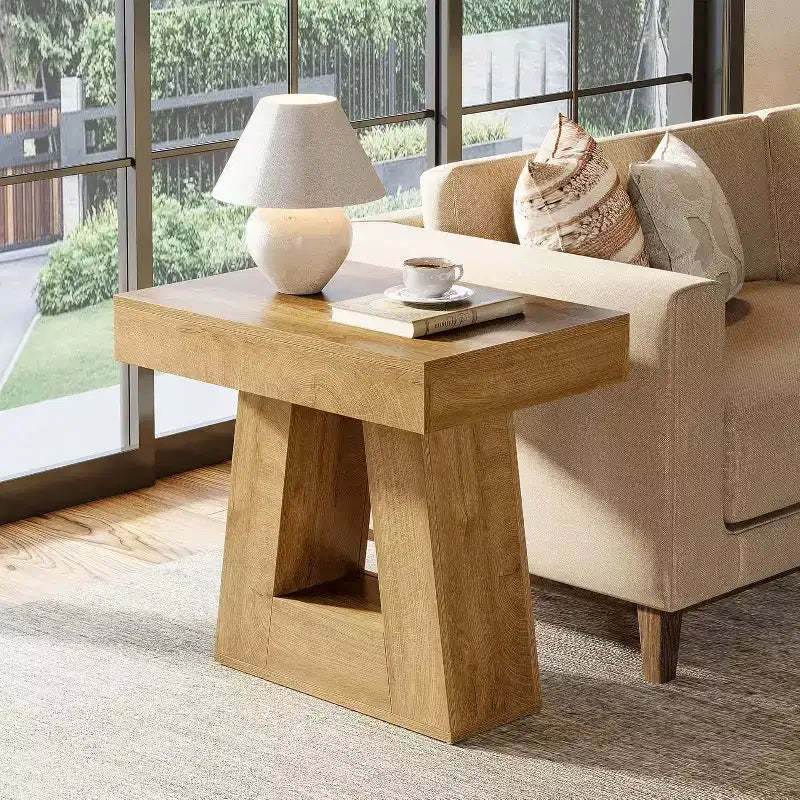 Lantine 24-Inch Modern Side Table Set of 2, 2-Tier Narrow Wooden End Table with Trapezoid Base for Living Room, Bedroom, Natural Wood Color