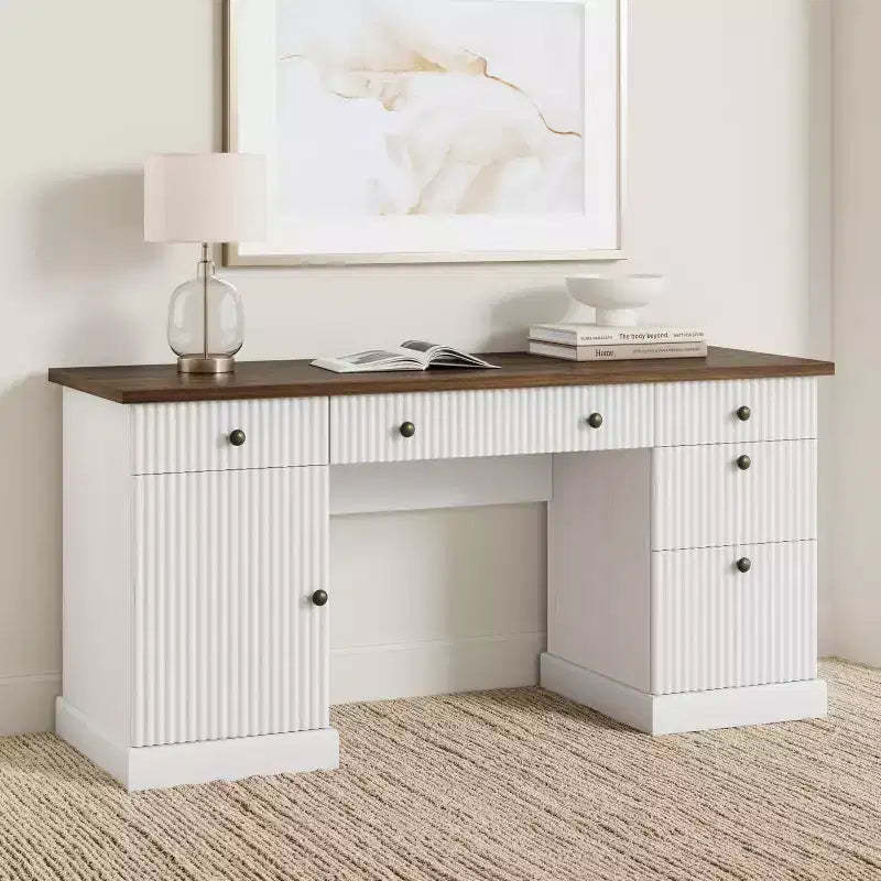60 Modern Executive Desk with Charging Station & File Drawers, Fluted Wooden Home Office Desk with Storage for Study Room, Computer Writing Desk