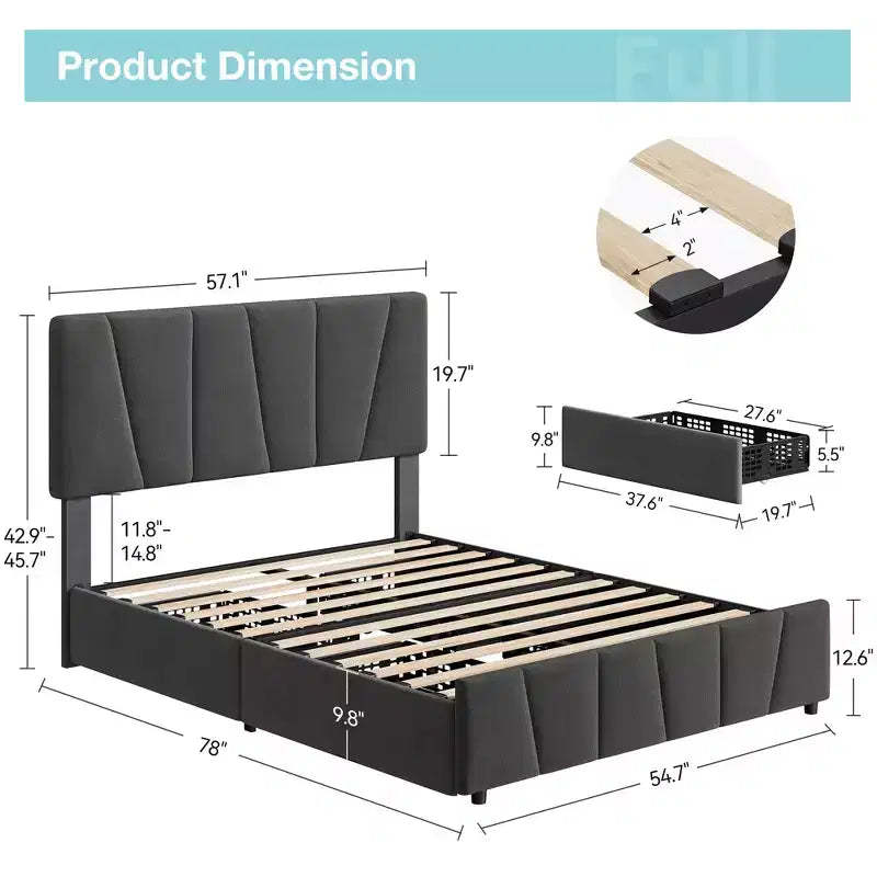Upholstered Platform Bed Frame with Adjustable Headboard and Storage Drawers - Wooden Slats, No Box Spring Needed, Modern Bedroom Furniture