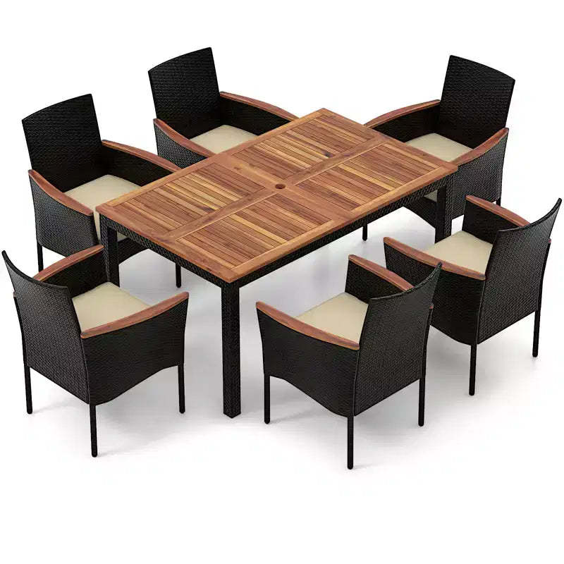Gymax 7PCS Outdoor Patio Dining Set w/ Armrest Cushioned Chairs Acacia Wood Surface Umbrella Hole for Garden Backyard Poolside