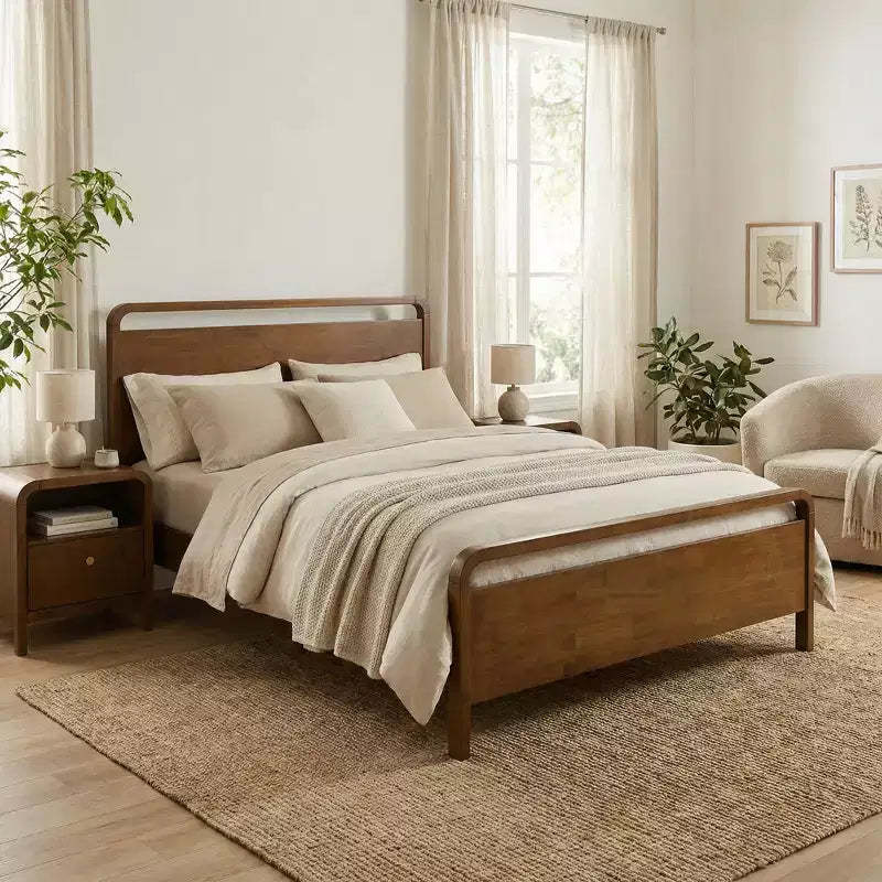 Roundhill Furniture Eldren Wood Bedroom Set, Platform Bed with Two Nightstands in Walnut Finish